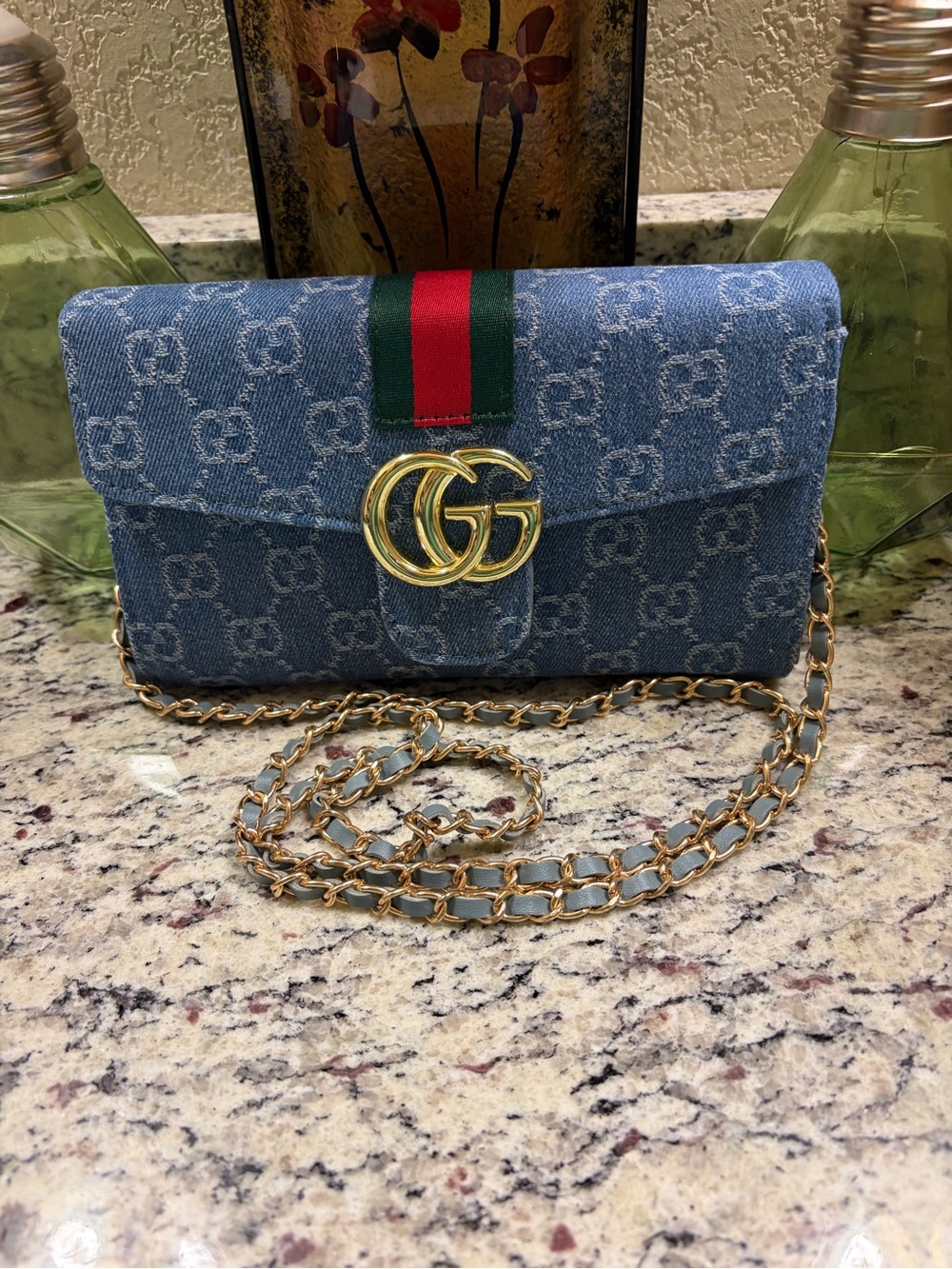 Denim Monogram Chain Crossbody with Red-Green Stripe
